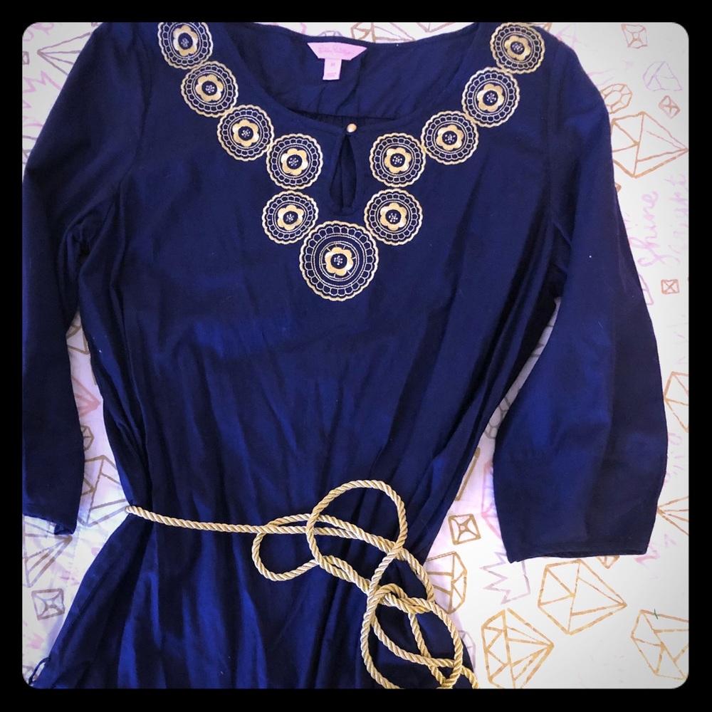 EUC true navy dress with gold accents